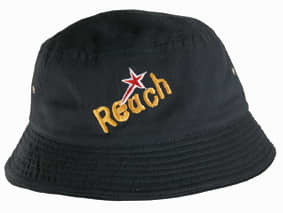 A black brushed sports twill bucket hat featuring an embroidered logo and a wide brim.