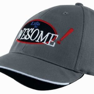 A grey brushed cotton cap with an indented peak and a logo featuring the word "AWESOME!" in bold lettering.