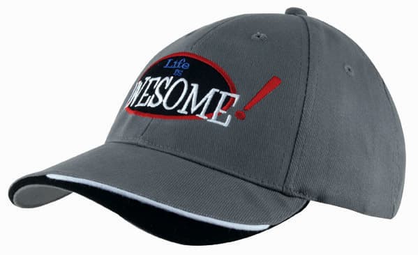 A grey brushed cotton cap with an indented peak and a logo featuring the word 