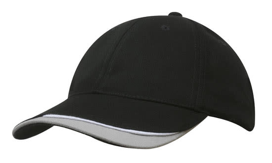 A black brushed heavy cotton cap with an indented peak and a contrasting trim. It features a logo.