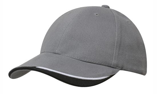 A grey brushed heavy cotton cap with an indented peak and a contrasting trim on the visor. It features a logo.