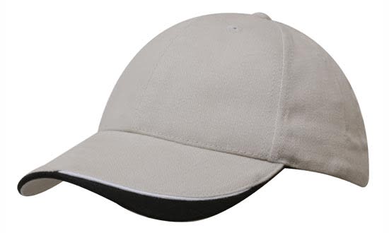 A brushed heavy cotton cap in light grey, featuring an indented peak and a contrasting black trim. It has a logo.