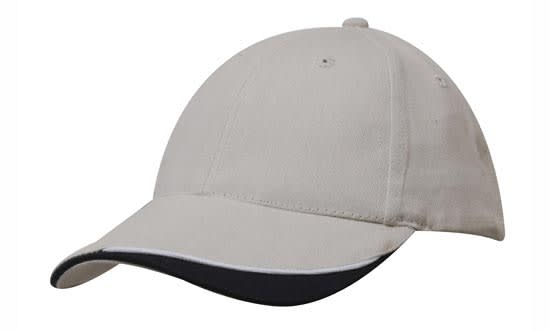 A brushed heavy cotton cap in light grey with a black indented peak and a logo.