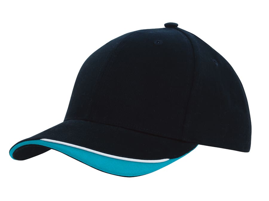 A black cap with an indented peak and a turquoise underbrim, featuring a logo on the front.