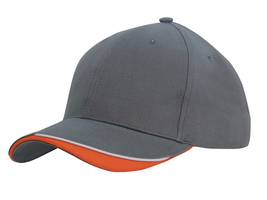 A grey cap with an indented peak and an orange underside, featuring a logo on the side.