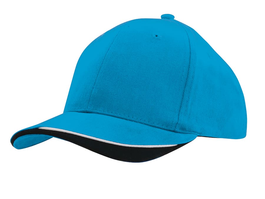 A light blue cap with an indented peak and a contrasting black trim, featuring a logo.
