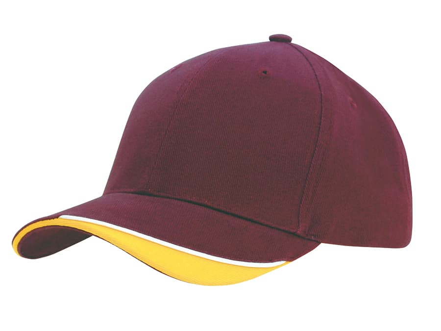 A maroon cap with an indented peak and a yellow accent along the brim, featuring a logo on the front.