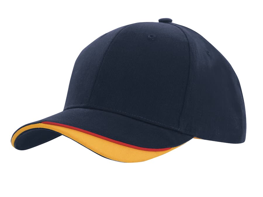 A navy blue cap with an indented peak and a yellow and red underside. It features a logo on the front.