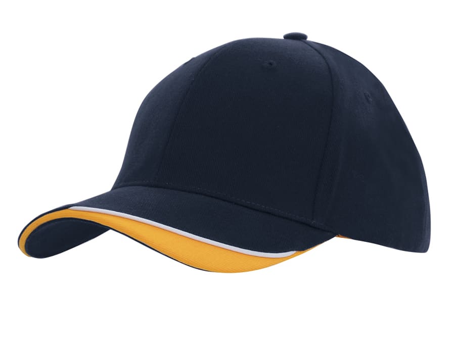 A navy cap with an indented peak and a yellow visor, featuring a logo on the front.