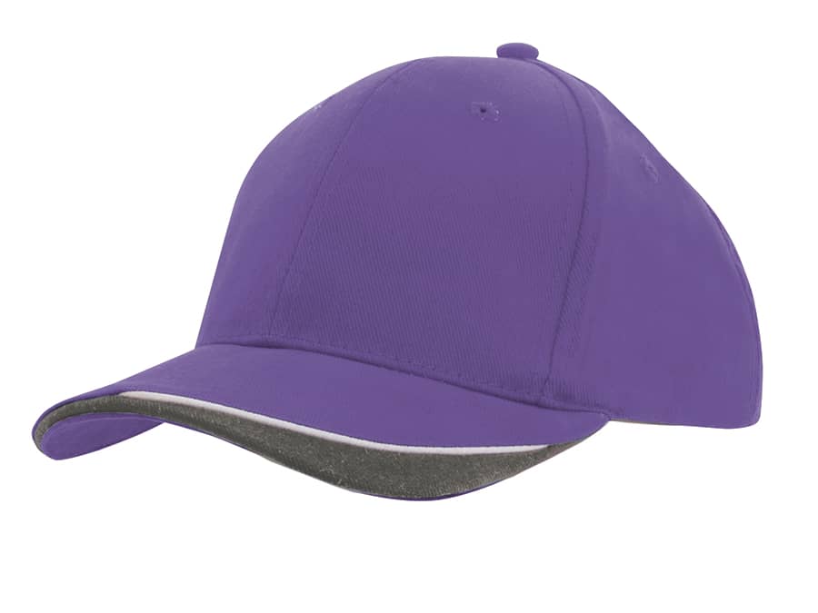 A purple brushed heavy cotton cap with an indented peak and a contrasting edge on the brim. It features a logo.