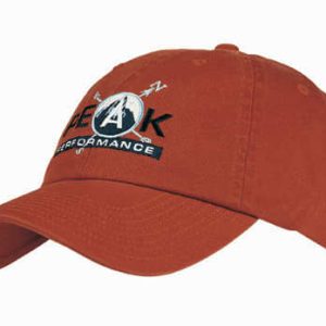 A washed chino twill cap in rust orange with a logo on the front. Featuring a curved brim and adjustable strap.