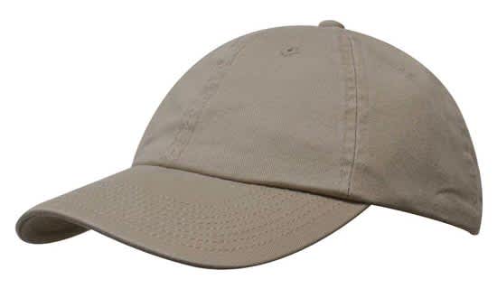 A beige washed chino twill cap with a curved visor and an adjustable strap at the back. It features a logo.