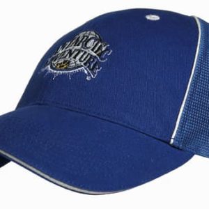 A blue cap with a high-tech mesh panel, featuring a logo on the front and a curved brim.