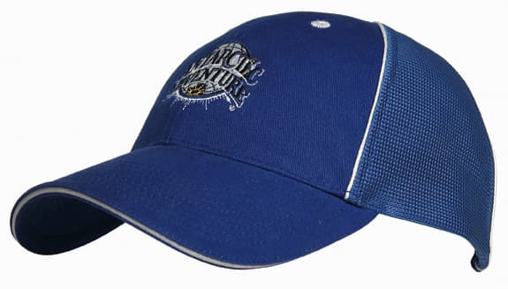 A blue cap with a high-tech mesh panel, featuring a logo on the front and a curved brim.