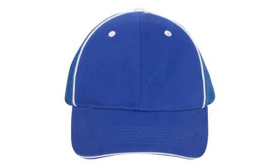 Royal blue structured baseball cap with white mesh back panels and curved brim, front view on a white background.