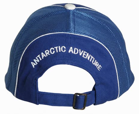 A blue cap featuring a mesh back and an adjustable strap, with logos on the side and back.