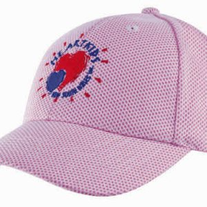 A pink mesh covered cotton twill cap featuring a logo on the front.