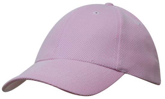A pink mesh-covered cotton twill cap with a curved brim and ventilation holes, featuring a logo.