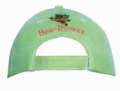A light green mesh covered cotton twill cap with an adjustable strap at the back and a logo.