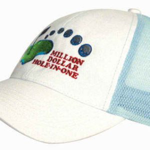 Brushed cotton cap with a white front and blue mesh back, featuring a logo on the front.
