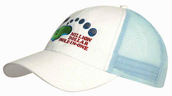 Brushed cotton cap with a white front and blue mesh back, featuring a logo on the front.