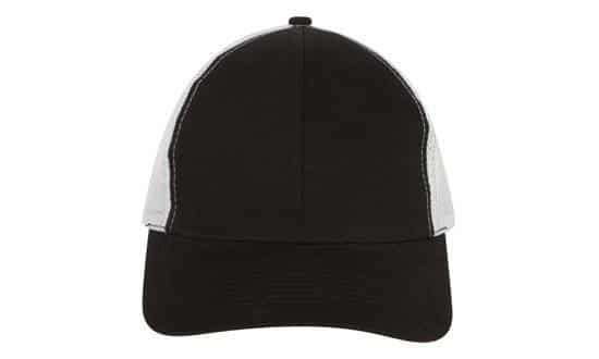 Black structured baseball cap with grey mesh back panels and curved brim, front view on a white background.