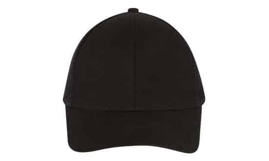 Plain black structured baseball cap with curved brim and six-panel design, front view on a white background.