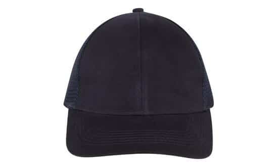 Navy blue structured baseball cap with curved brim and mesh back panels, front view on a white background.