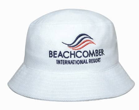 A white bucket hat featuring a logo with red and blue waves, labelled 