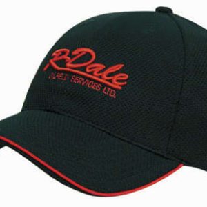 A dark green cap with a red trim and a logo on the front, featuring a mesh design and a curved peak.