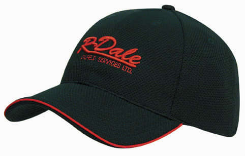 A dark green cap with a red trim and a logo on the front, featuring a mesh design and a curved peak.