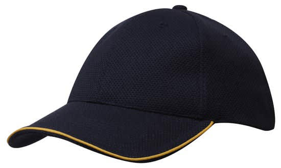 A navy blue cap with a textured mesh design and a yellow accent on the peak, featuring a logo.