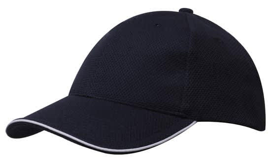 A navy blue double pique mesh cap with an open sandwich design and a contrasting trim. It features a logo.