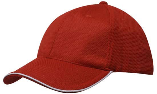 A red double pique mesh cap with an open sandwich design and a contrasting trim. The cap features a logo.