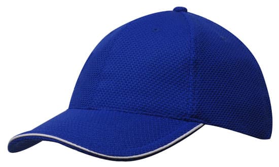 A blue double pique mesh cap with an open sandwich design and a contrasting trim. It features a logo on the front.