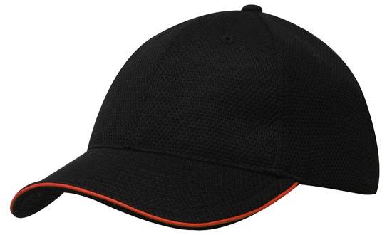 A black cap with an open sandwich peak and orange piping, featuring a logo on the front.