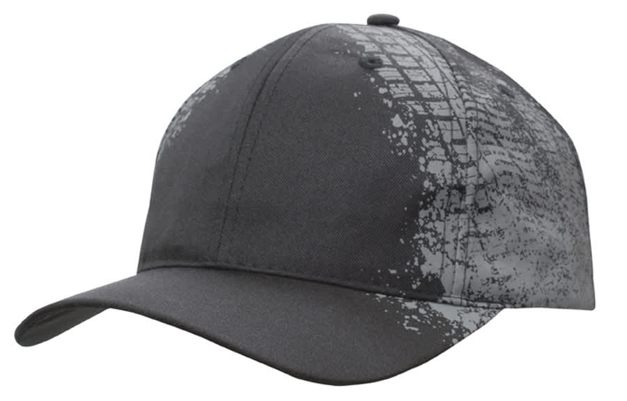 A black cap featuring a tyre print design in grey. It has a logo on the side.
