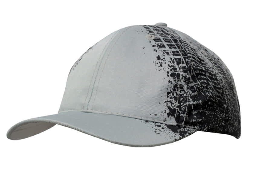 A grey cap featuring a tyre print design on one side, with a curved peak and a logo.