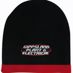 A two-tone acrylic beanie featuring black and red colours with a logo on the front.