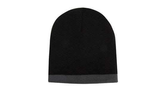 A two-tone acrylic beanie featuring a black top and grey brim, with a logo displayed.