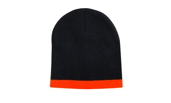 A two-tone acrylic beanie in black with an orange rolled hem. It features a branding logo.
