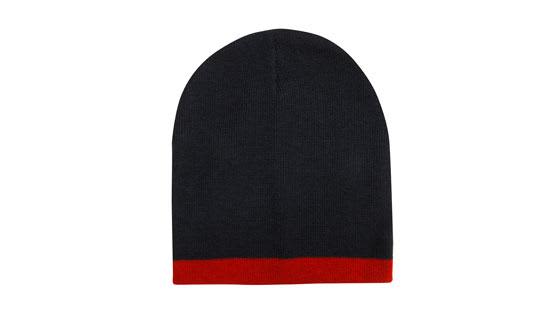 A roll down beanie in two tones, featuring a black top with a red bottom band. It has a simple design.