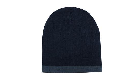 A two-tone acrylic beanie in dark navy with a lighter navy cuff, featuring a logo.