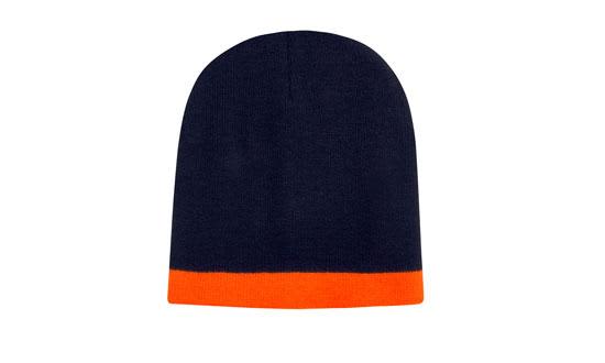 A two-tone acrylic beanie in navy blue with an orange rolled cuff, featuring a logo.