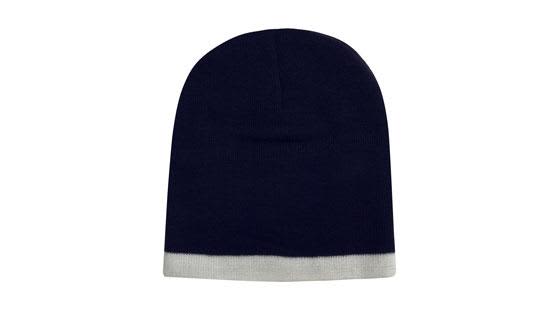 A two-tone acrylic beanie featuring a dark navy upper and a light grey cuff. It has a branding logo on it.
