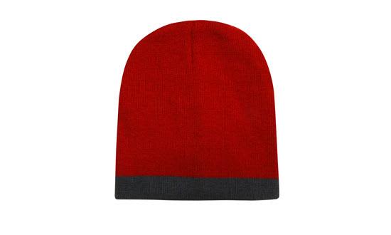 A red beanie with a grey rolled-down band and a logo.