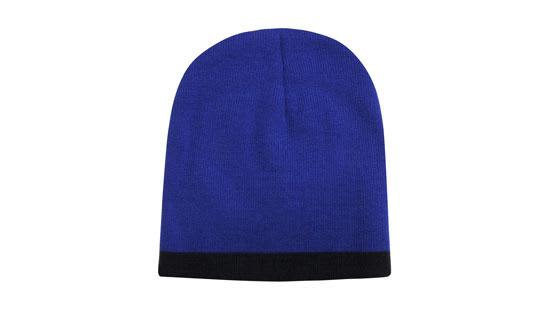 A two-tone acrylic beanie featuring a royal blue top and a black cuff, with a logo present.