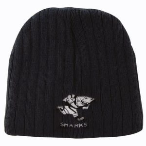 A black cable knit beanie featuring a logo of a shark.