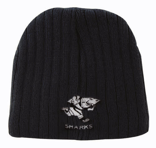 A black cable knit beanie featuring a logo of a shark.