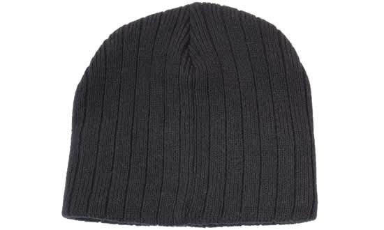 A dark grey cable knit beanie with a ribbed texture and a simple design. It has a logo on one side.